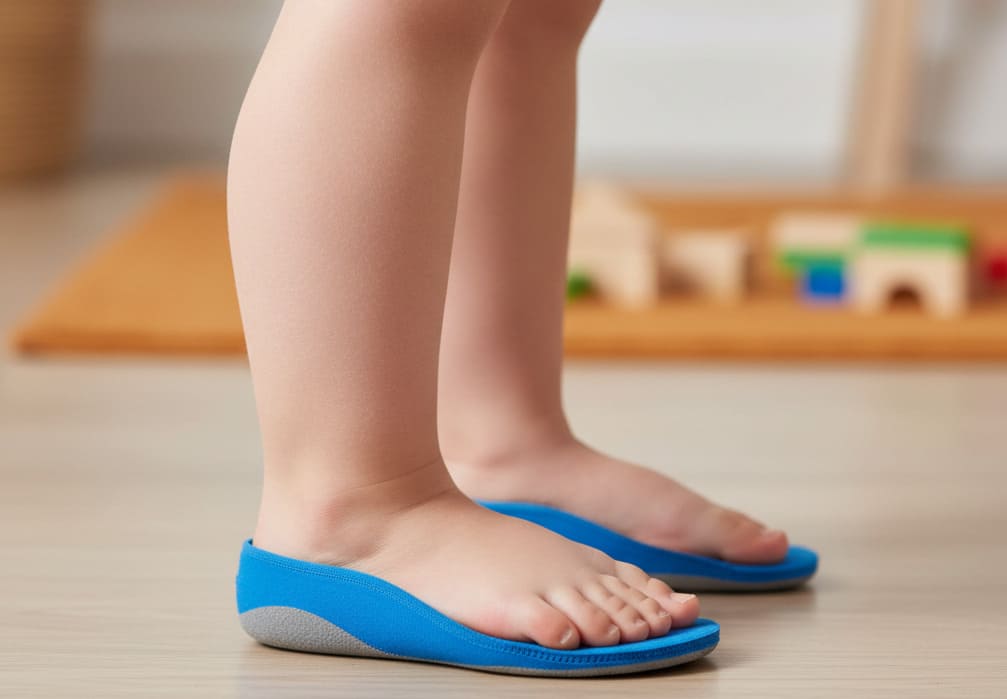 bambino con piede piatto indossa plantari